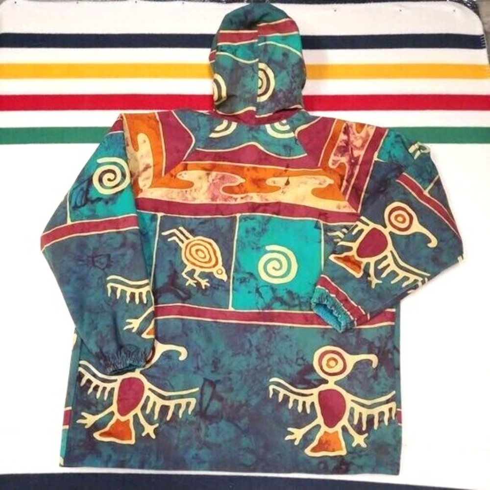 Vintage Reversible Jacket Dolphin Tribal Aztec Hooded Teal‎ 80s 90s Mens XL - Picture 3 of 6
